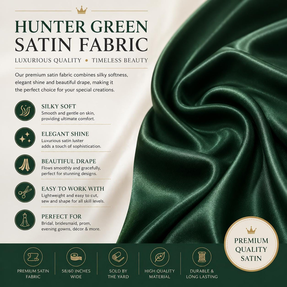 Green Satin Fabric by the Yard, Luxury Satin Material, Bridesmaid Dress Fabric, Wedding Decor Fabric, Soft Satin, Prom Gown Fabric, 58/60