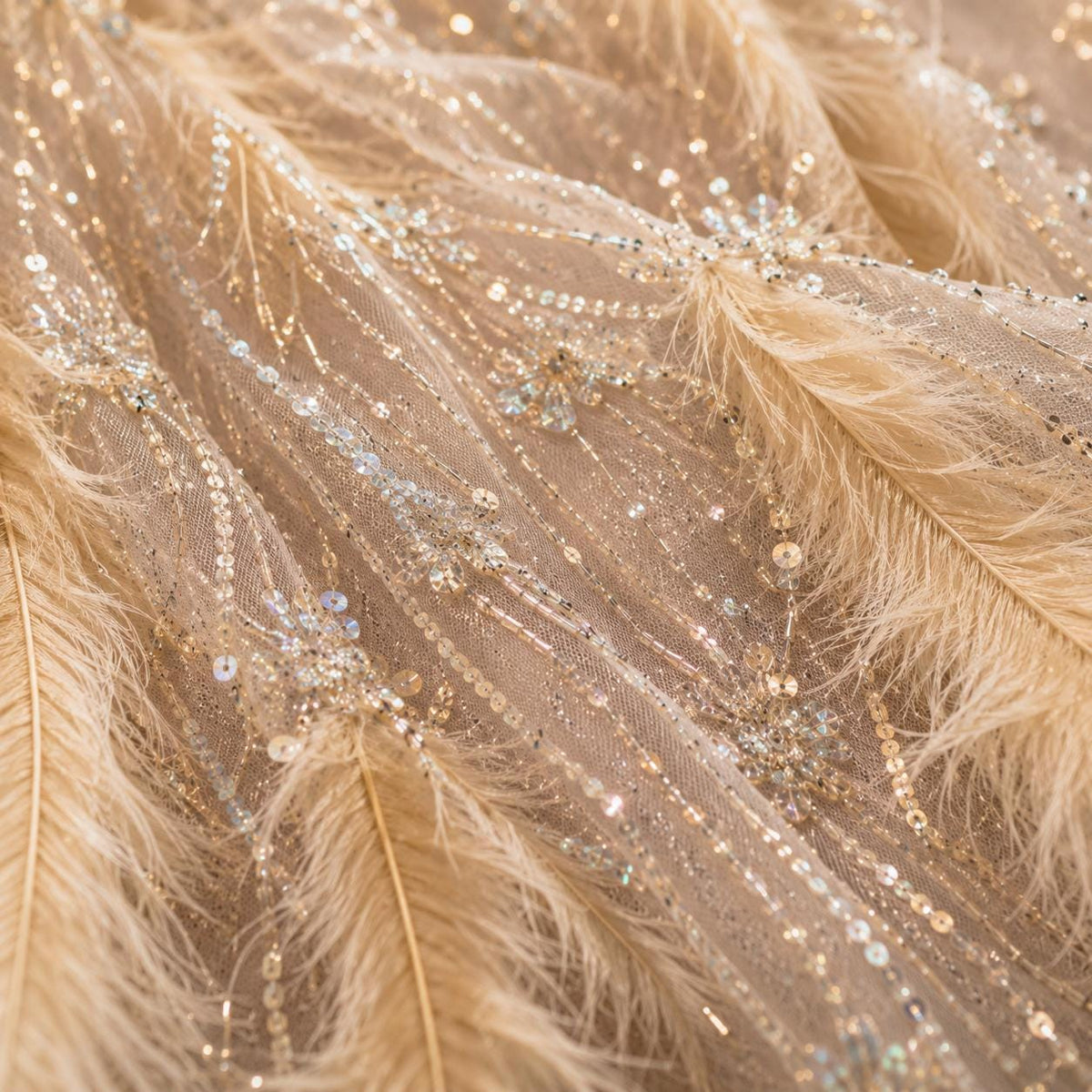Luxury Feather Sequin Fabric By The Yard, Haute Couture Pageant Dress Fabric, Heavy Beaded Prom Gown Fabric, Fashion Show Tulle