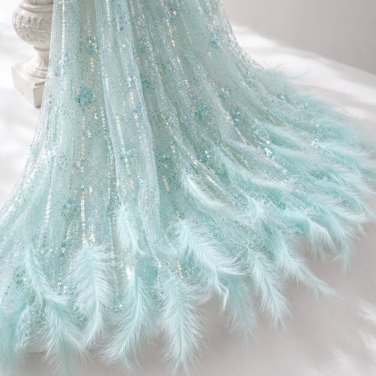 Luxury Feather Beaded Lace Fabric, Haute Couture Fashion Show Fabric, Red Carpet Evening Gown Fabric By Yard