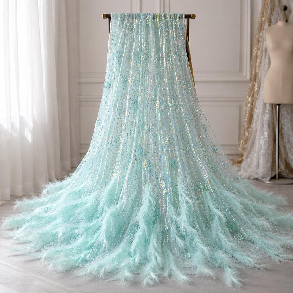 Luxury Feather Beaded Lace Fabric, Haute Couture Fashion Show Fabric, Red Carpet Evening Gown Fabric By Yard