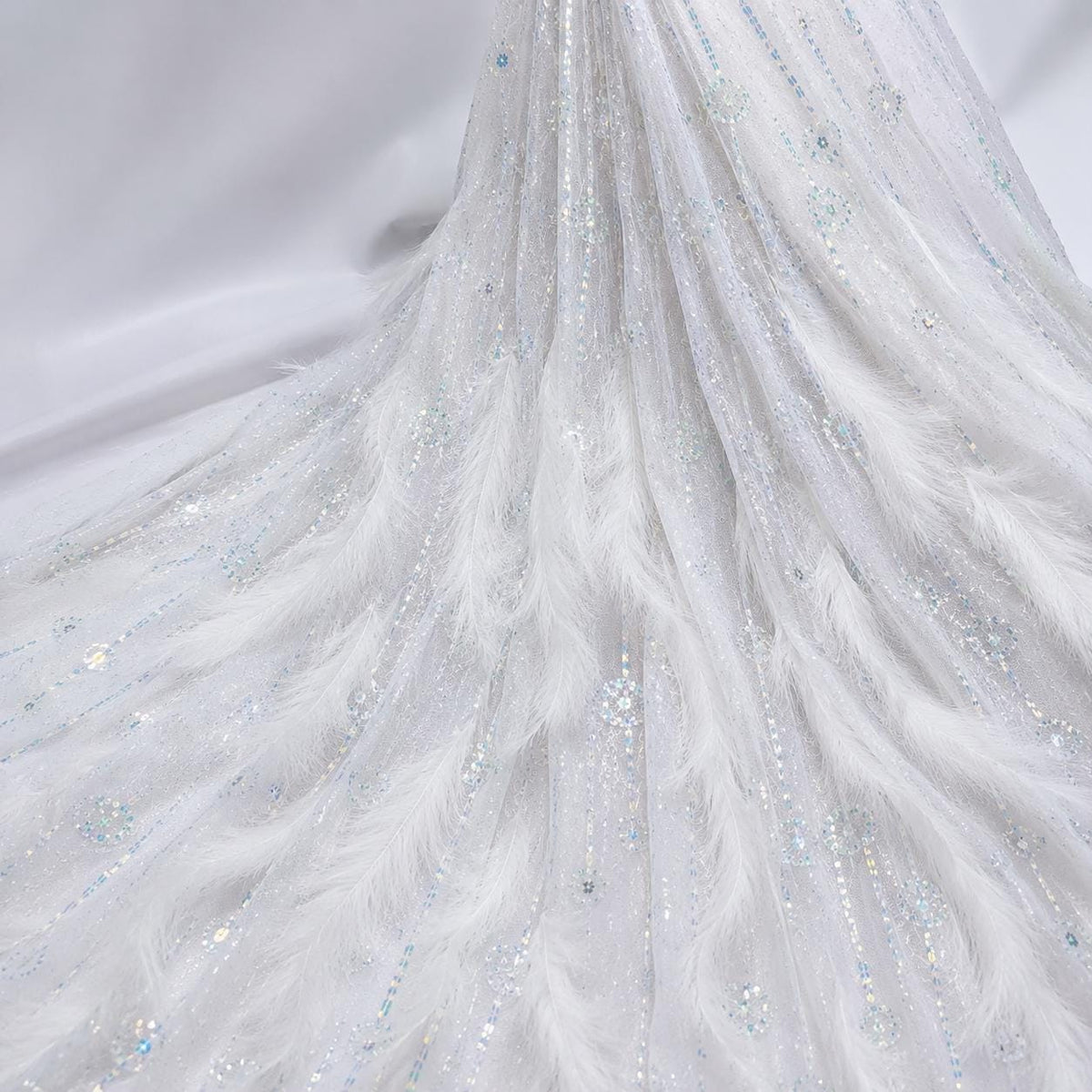 Luxury Feather Beaded Lace Fabric, White Couture Fabric By Yard, Pageant Gown Fabric, Fashion Show Dress Material