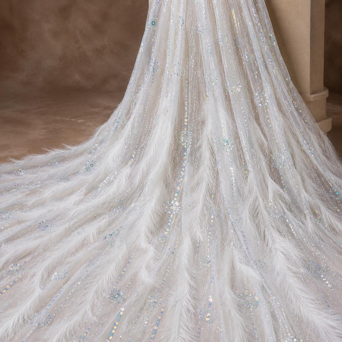 Luxury Feather Beaded Lace Fabric, White Couture Fabric By Yard, Pageant Gown Fabric, Fashion Show Dress Material