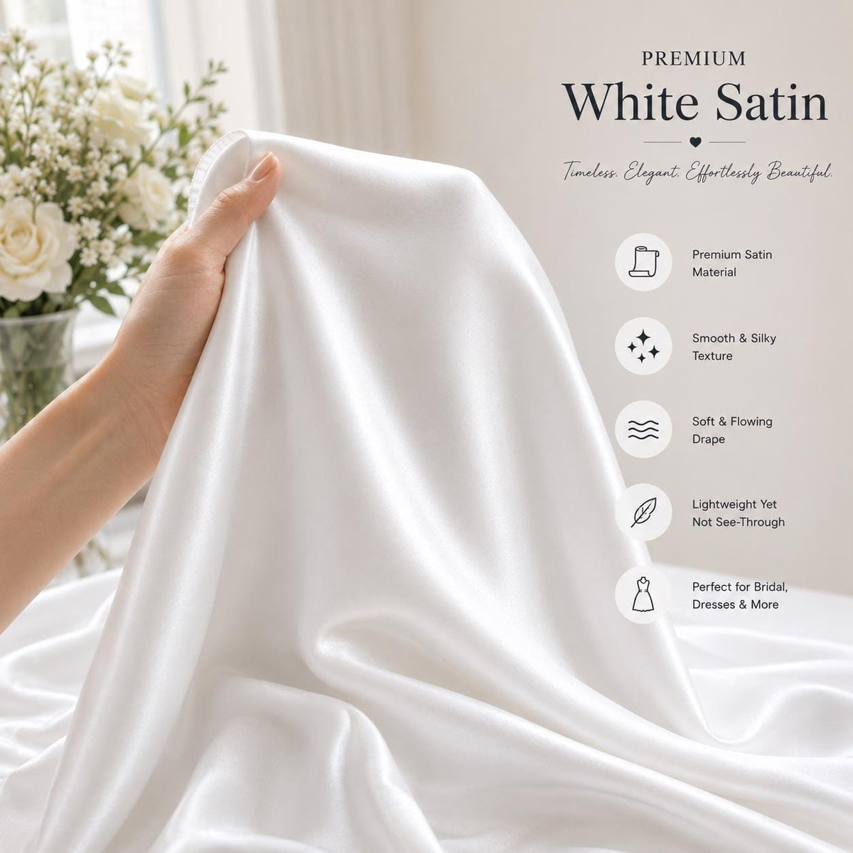 White Satin Fabric by the Yard, Luxury Bridal Satin Material, Silky Wedding Dress Fabric, Soft Bridesmaid Fabric, Prom Gown Fabric, 58/60