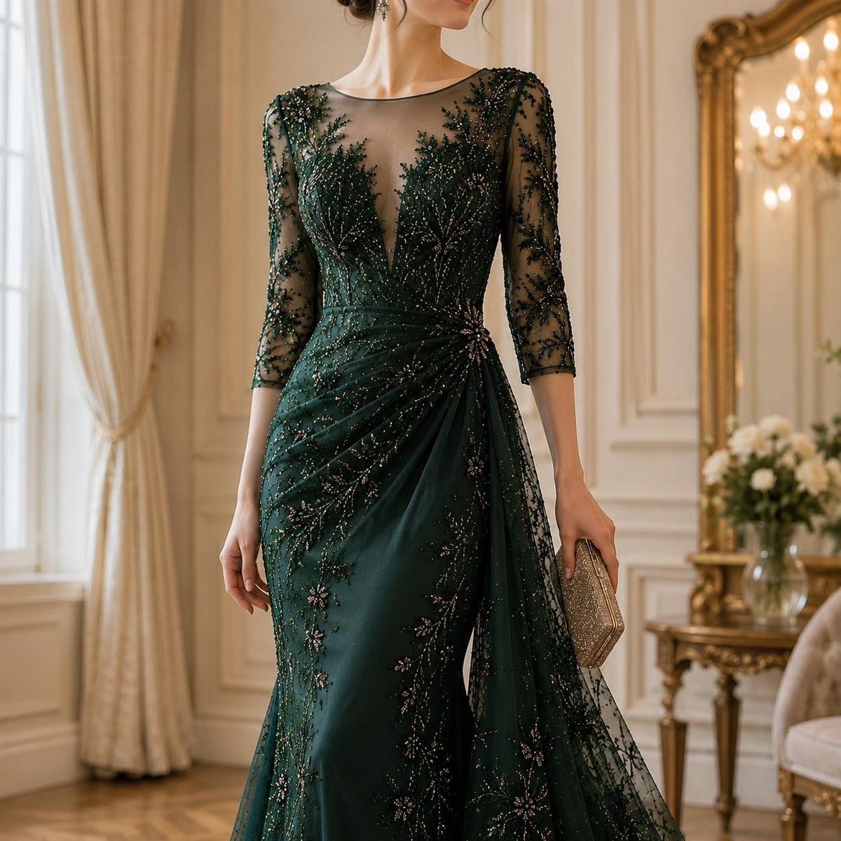 Emerald Green Beaded Lace Fabric by the Yard,Sequin Embroidery Tulle Mesh, Couture Bridal Lace, Evening Gown, Prom Dress, Wedding Fabric