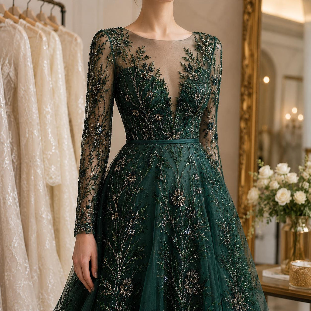 Emerald Green Beaded Lace Fabric by the Yard,Sequin Embroidery Tulle Mesh, Couture Bridal Lace, Evening Gown, Prom Dress, Wedding Fabric