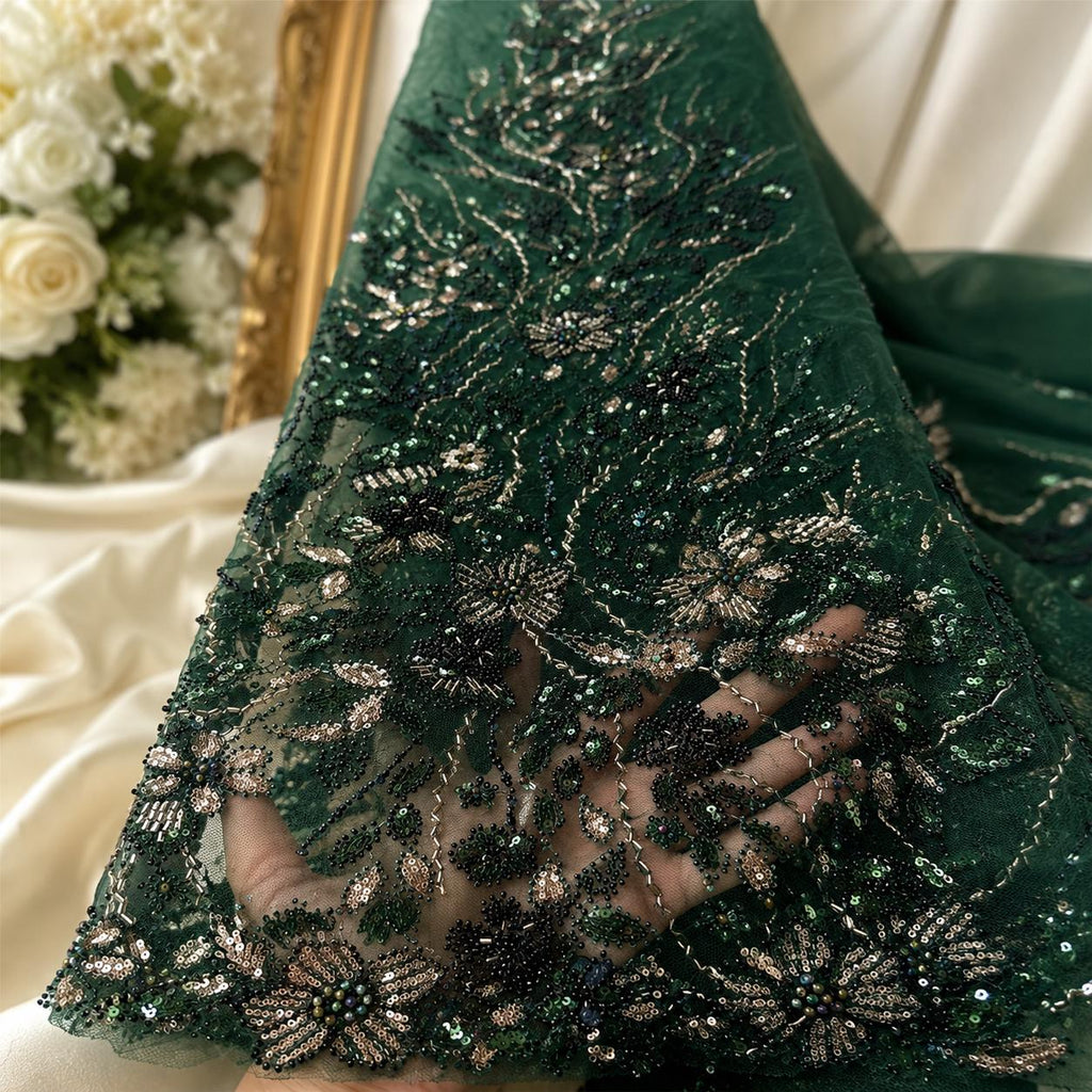 Emerald Green Beaded Lace Fabric by the Yard,Sequin Embroidery Tulle Mesh, Couture Bridal Lace, Evening Gown, Prom Dress, Wedding Fabric