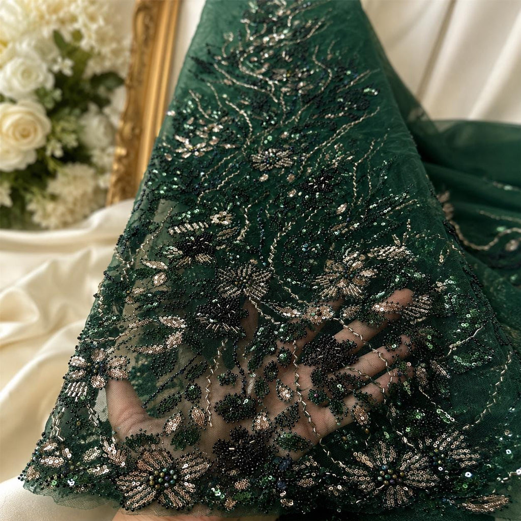 Emerald Green Beaded Lace Fabric by the Yard,Sequin Embroidery Tulle Mesh, Couture Bridal Lace, Evening Gown, Prom Dress, Wedding Fabric