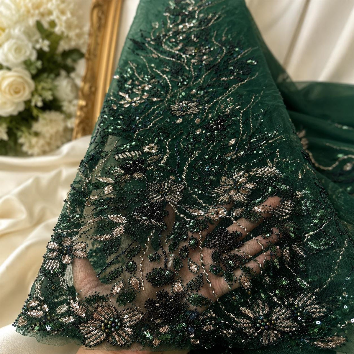 Emerald Green Beaded Lace Fabric by the Yard,Sequin Embroidery Tulle Mesh, Couture Bridal Lace, Evening Gown, Prom Dress, Wedding Fabric