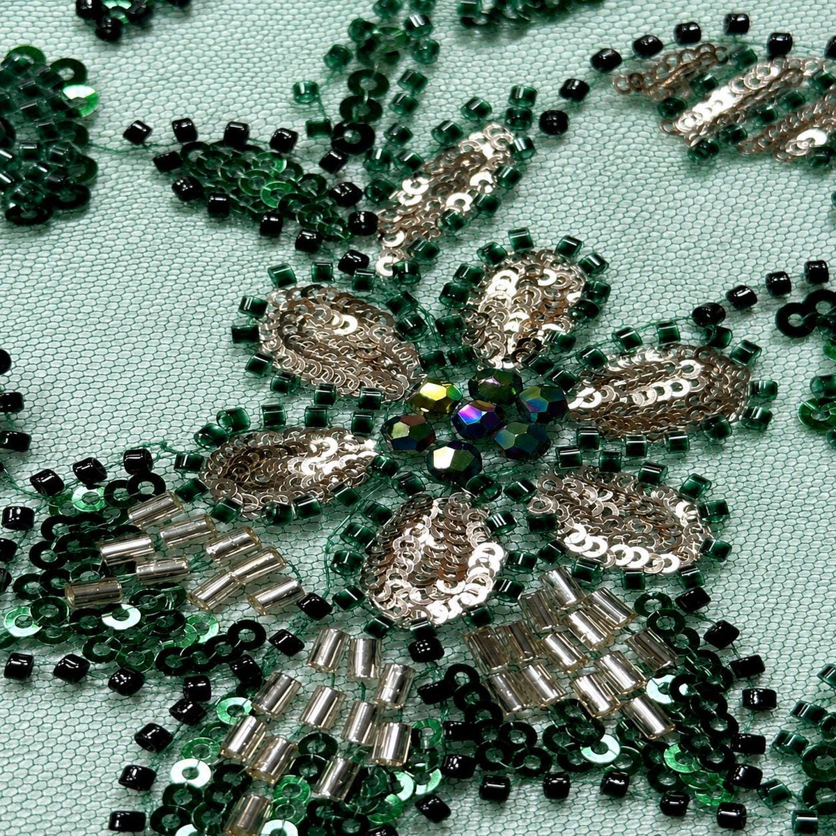 Emerald Green Beaded Lace Fabric by the Yard,Sequin Embroidery Tulle Mesh, Couture Bridal Lace, Evening Gown, Prom Dress, Wedding Fabric