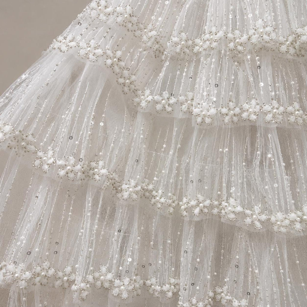 Luxury Pearl Beaded Bridal Tulle Fabric, Wedding Dress Lace Fabric by the Yard, 3D Floral Beaded Mesh for Bridal Gown, Veil & Couture Dress