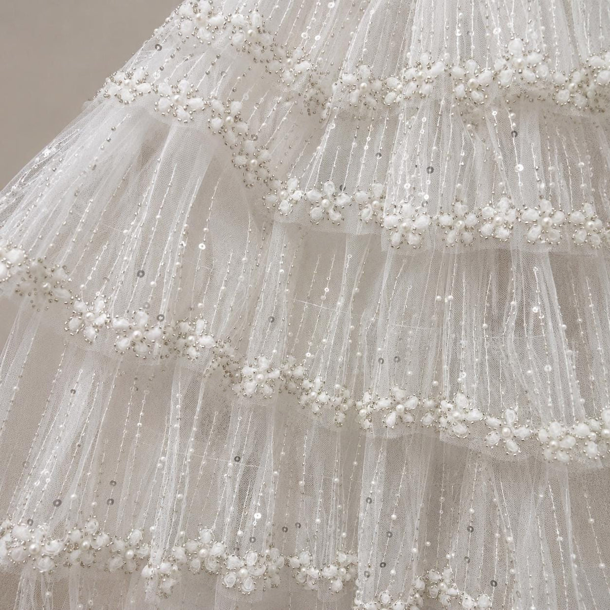 Luxury Pearl Beaded Bridal Tulle Fabric, Wedding Dress Lace Fabric by the Yard, 3D Floral Beaded Mesh for Bridal Gown, Veil & Couture Dress