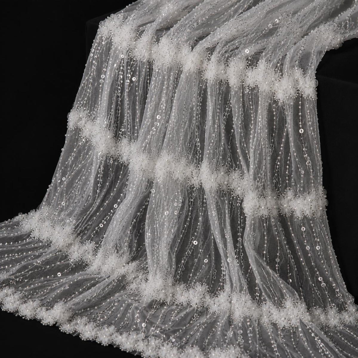 Luxury Pearl Beaded Bridal Tulle Fabric, Wedding Dress Lace Fabric by the Yard, 3D Floral Beaded Mesh for Bridal Gown, Veil & Couture Dress
