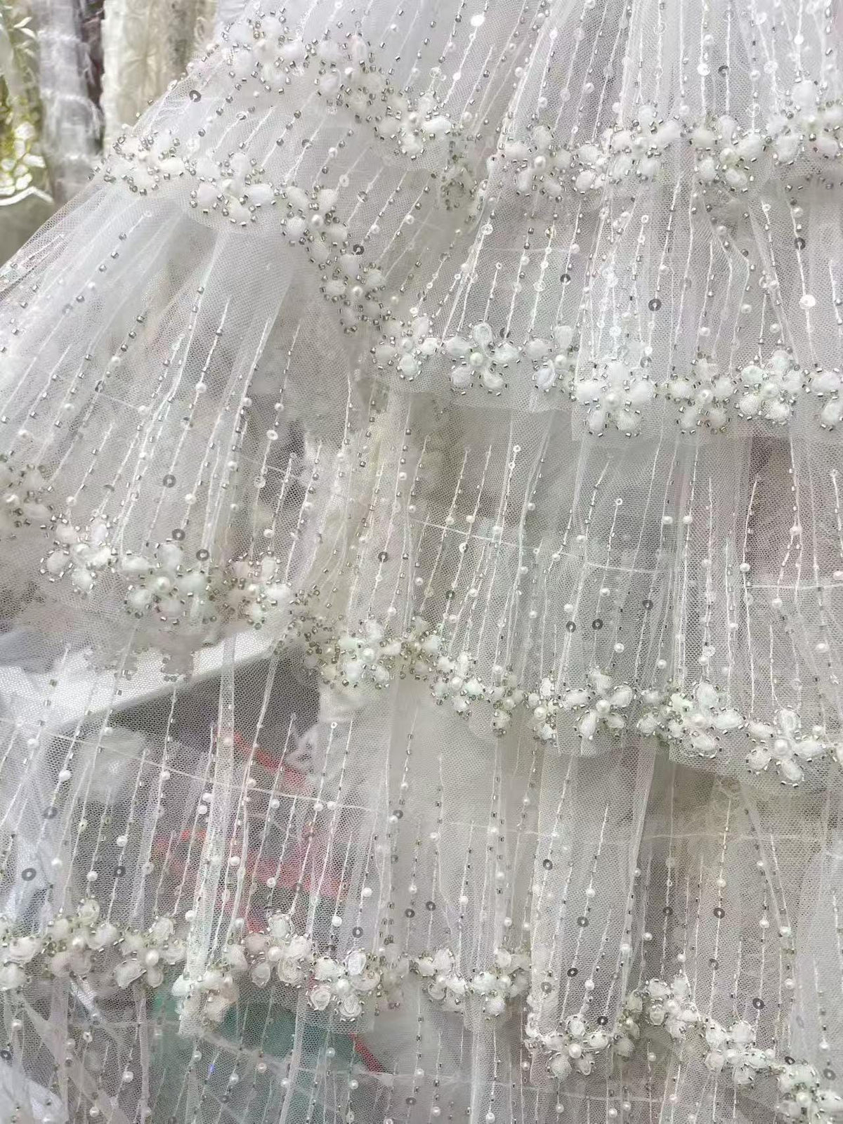 Luxury Pearl Beaded Bridal Tulle Fabric, Wedding Dress Lace Fabric by the Yard, 3D Floral Beaded Mesh for Bridal Gown, Veil & Couture Dress