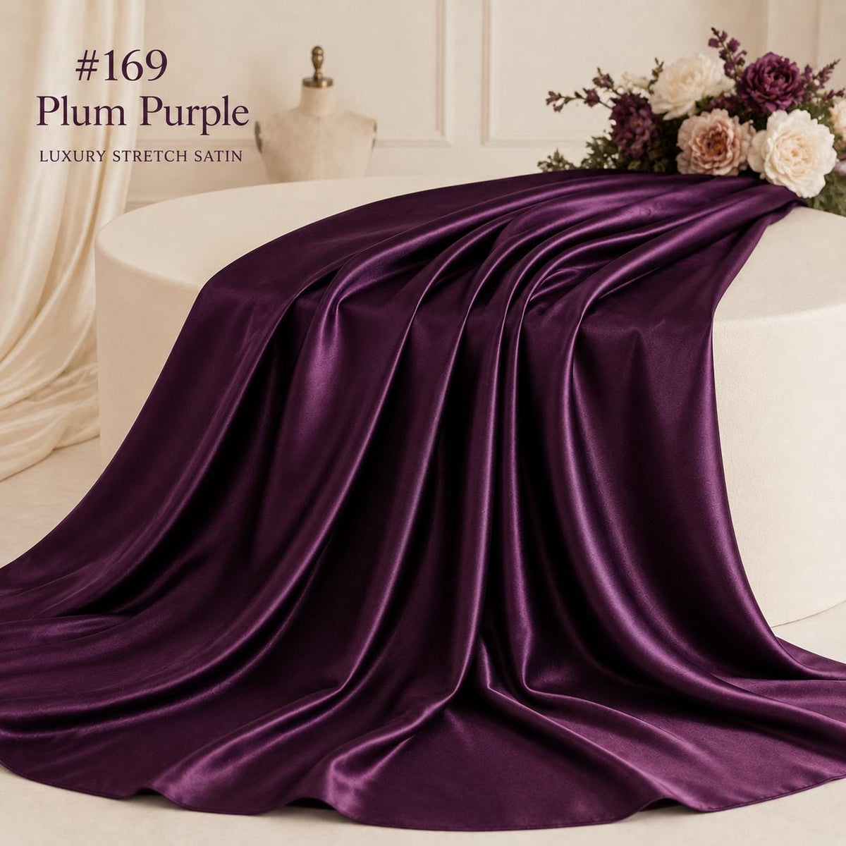 Plum Purple Stretch Satin Fabric by the Yard, Luxury Satin Fabric for Pageant Dresses, Prom Gowns and Evening Wear