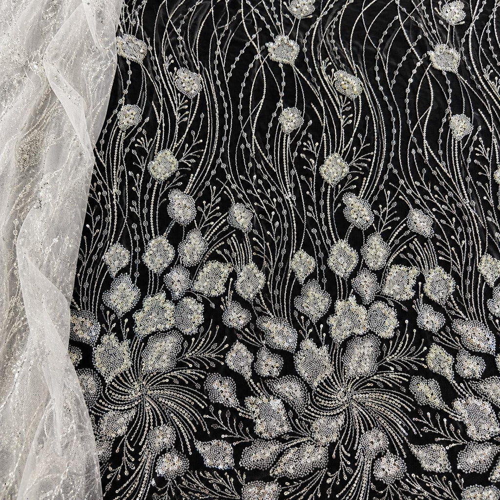 Luxury Beaded Lace Fabric by the Yard, Gold Sequin Embroidered Tulle Mesh, Floral Couture Lace for Evening Gown, Prom Dress & Bridal