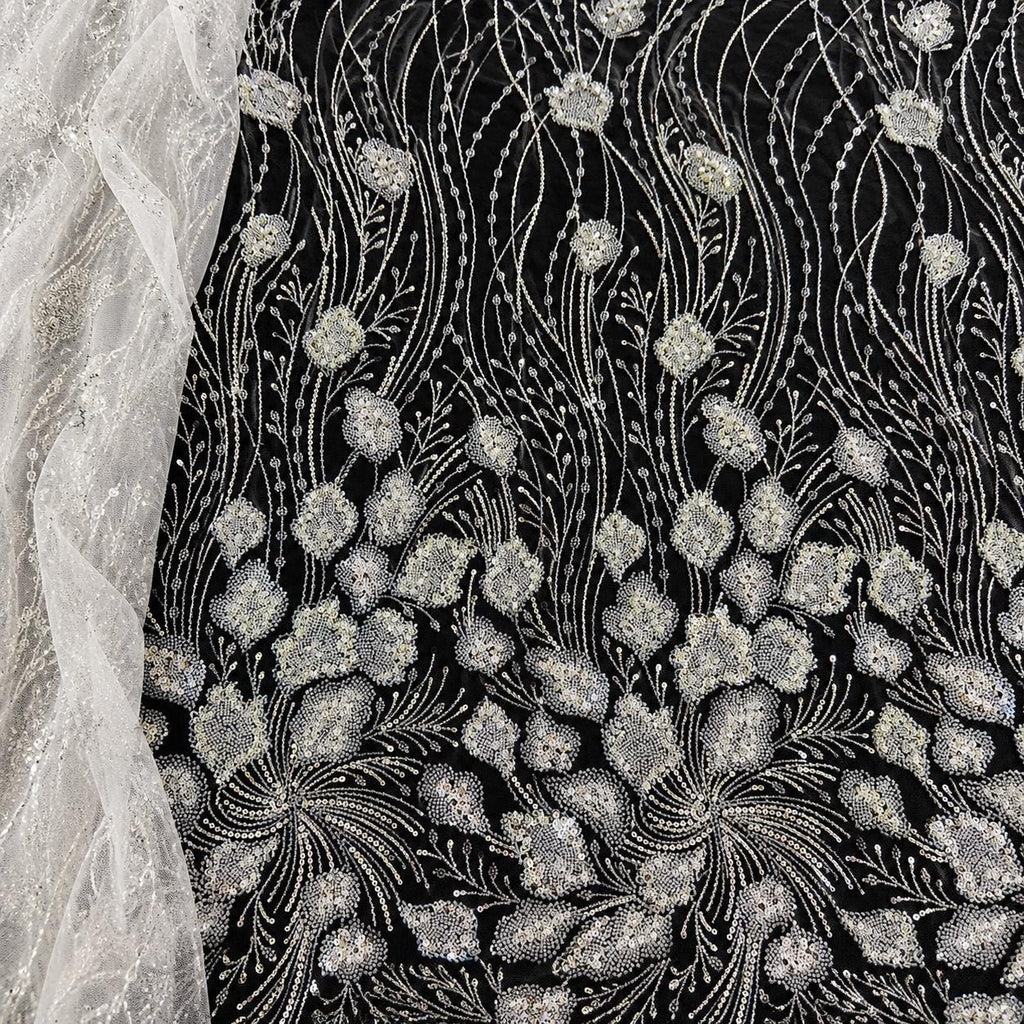 Luxury Beaded Lace Fabric by the Yard, Gold Sequin Embroidered Tulle Mesh, Floral Couture Lace for Evening Gown, Prom Dress & Bridal