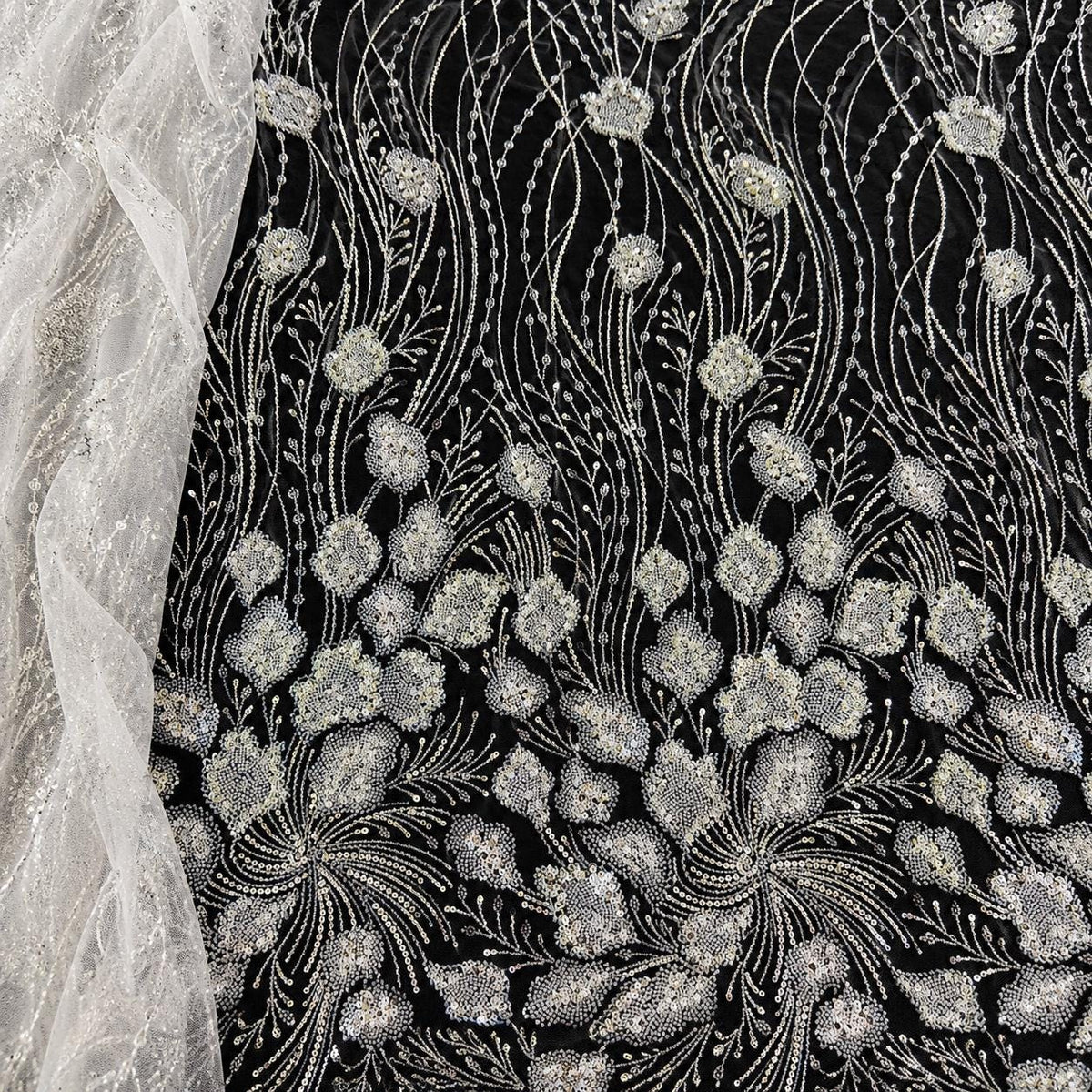 Luxury Beaded Lace Fabric by the Yard, Gold Sequin Embroidered Tulle Mesh, Floral Couture Lace for Evening Gown, Prom Dress & Bridal