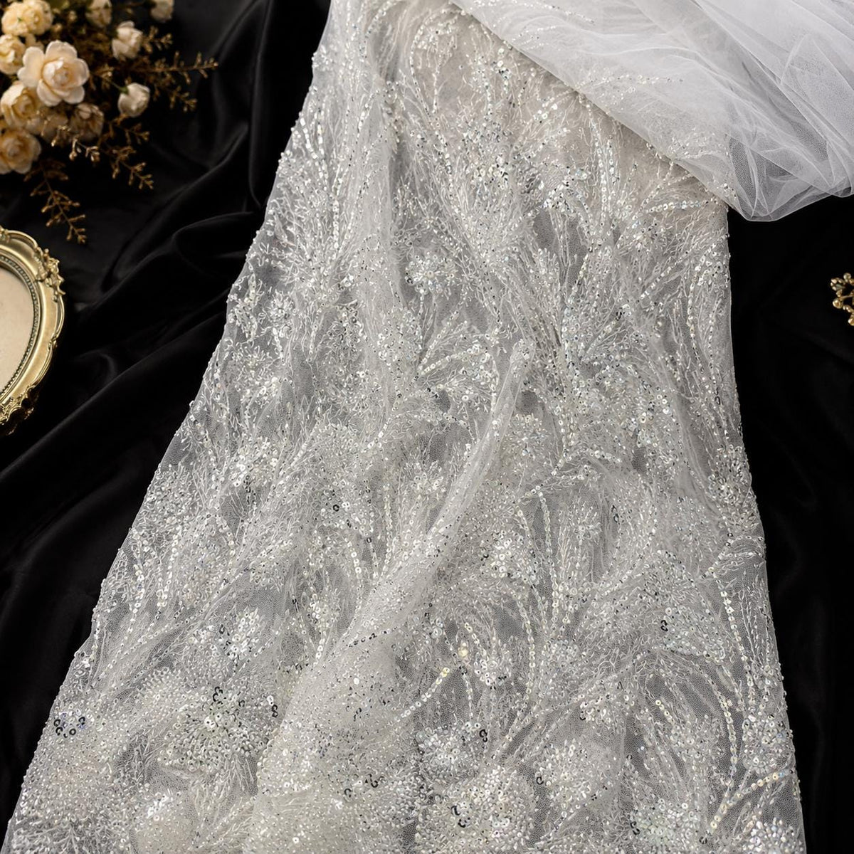 Luxury Beaded Lace Fabric by the Yard, Gold Sequin Embroidered Tulle Mesh, Floral Couture Lace for Evening Gown, Prom Dress & Bridal