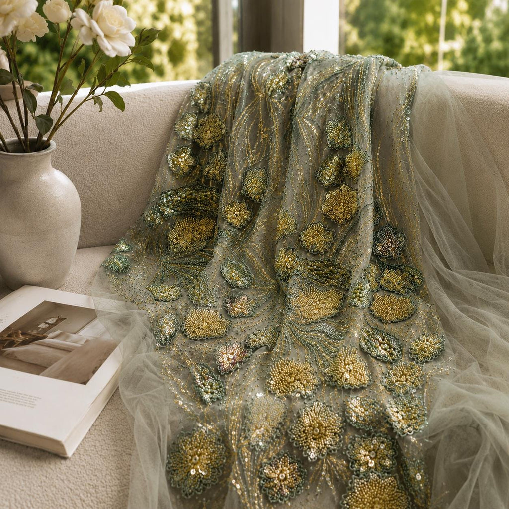 Designer Beaded Lace Fabric by the Yard, Couture Embroidered Sequin Mesh, Luxury Fashion Fabric for Runway Dress, Prom & Formal Gown