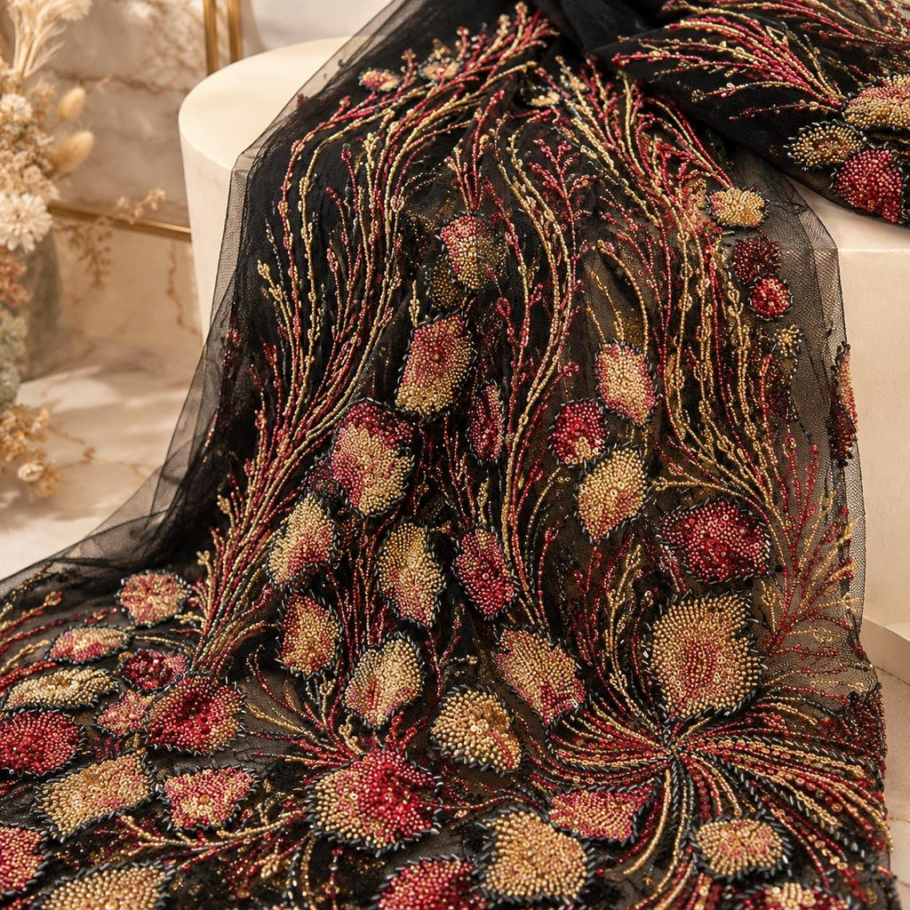 Designer Beaded Lace Fabric by the Yard, Couture Embroidered Sequin Mesh, Luxury Fashion Fabric for Runway Dress, Prom & Formal Gown