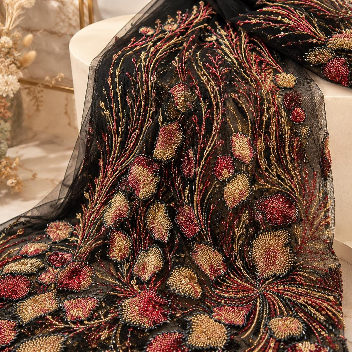 Designer Beaded Lace Fabric by the Yard, Couture Embroidered Sequin Mesh, Luxury Fashion Fabric for Runway Dress, Prom & Formal Gown