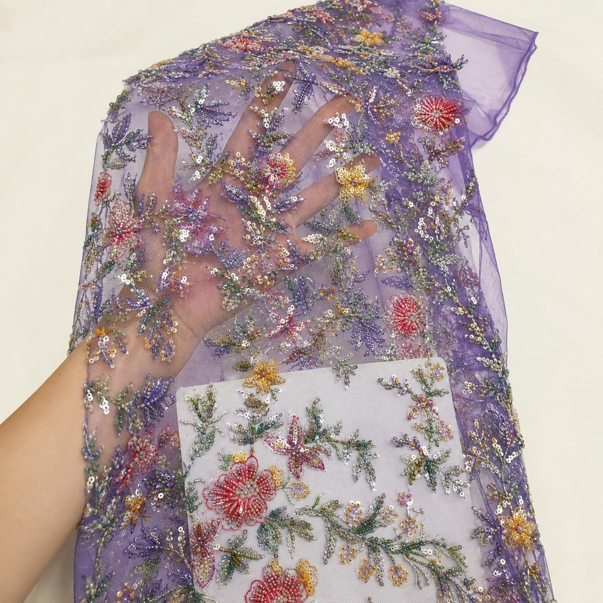 Dreamy Floral Embroidered Lace Fabric by the Yard, Beaded Sequin Sheer Tulle, Elopement Bridal Fabric, Soft Couture Lace for Formal Gowns