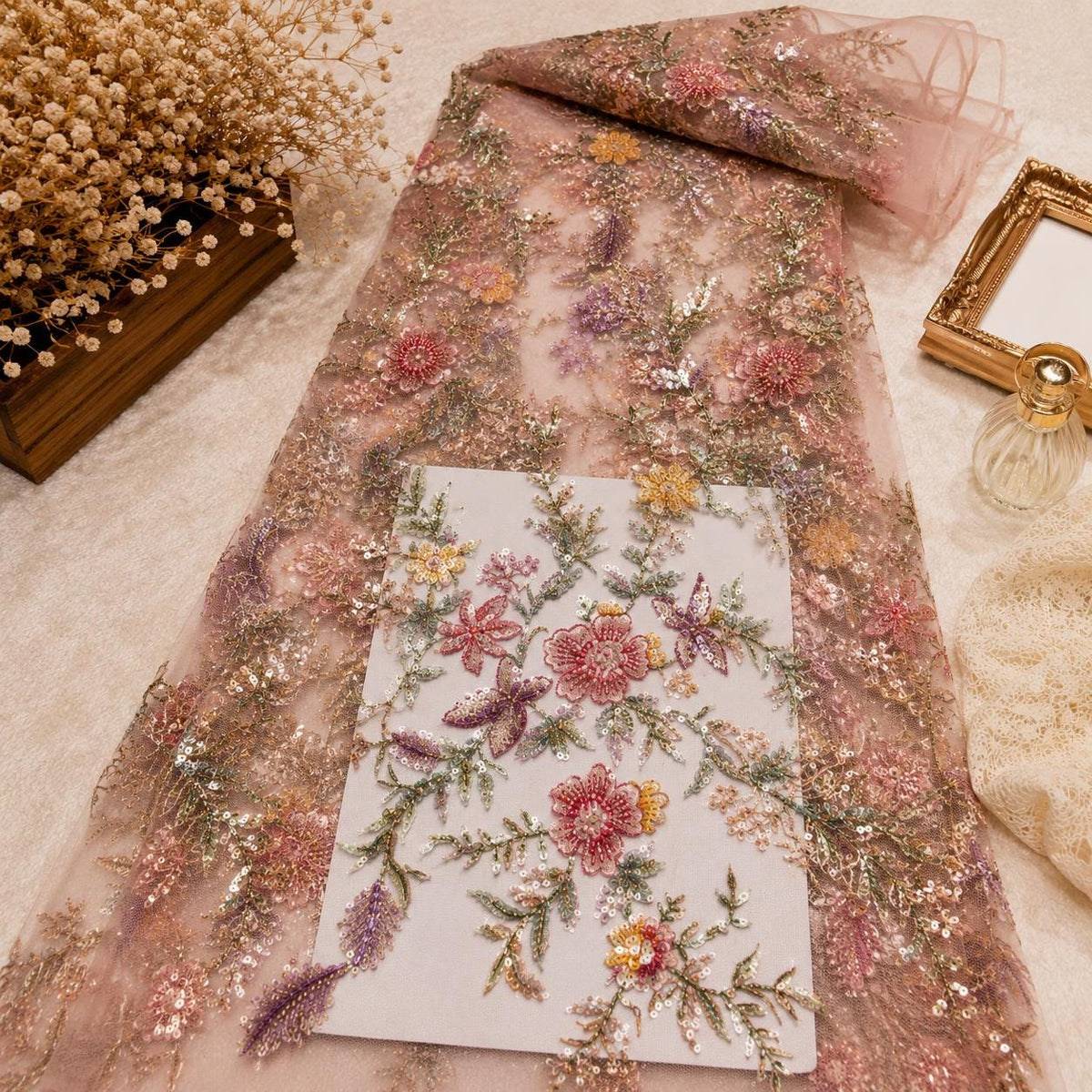 Vintage Floral Embroidered Lace Fabric by the Yard, Beaded Sequin Mesh Tulle, Formal Couture Fabric, Luxe Lace for Gala & Evening Ball Gowns