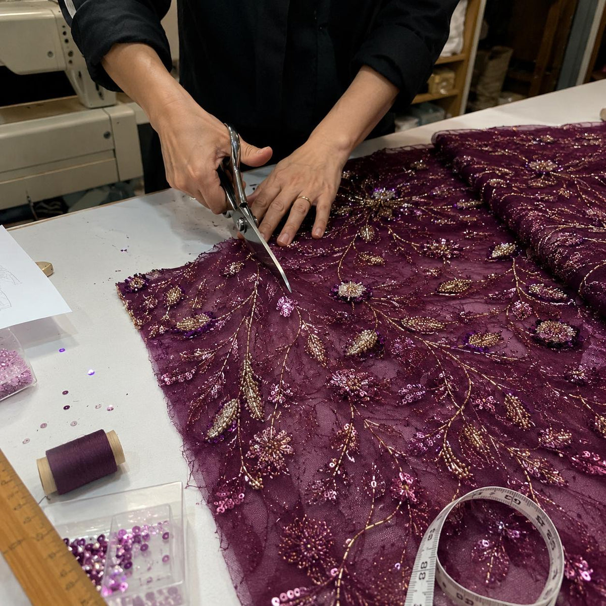 Beaded Sequin Lace Fabric, Purple Gold Embroidered Tulle, Luxury Bridal Fabric by the Yard, Evening Gown Dress Material, Couture Lace
