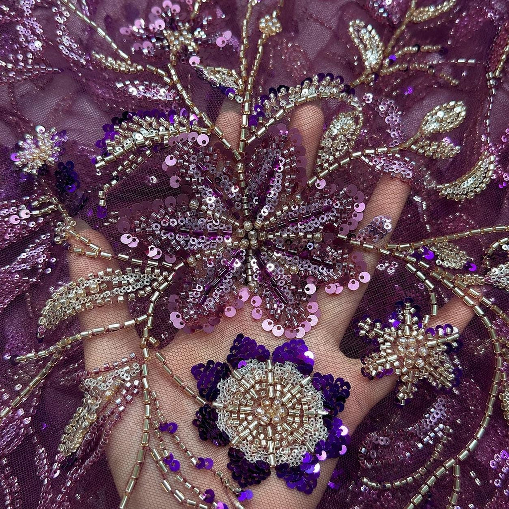 Beaded Sequin Lace Fabric, Purple Gold Embroidered Tulle, Luxury Bridal Fabric by the Yard, Evening Gown Dress Material, Couture Lace
