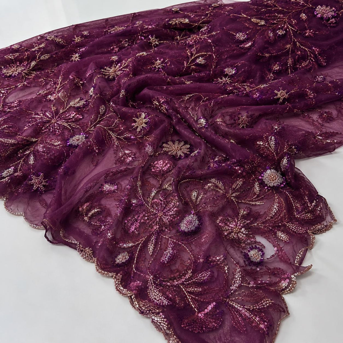 Beaded Sequin Lace Fabric, Purple Gold Embroidered Tulle, Luxury Bridal Fabric by the Yard, Evening Gown Dress Material, Couture Lace