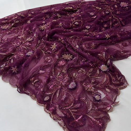 Beaded Sequin Lace Fabric, Purple Gold Embroidered Tulle, Luxury Bridal Fabric by the Yard, Evening Gown Dress Material, Couture Lace