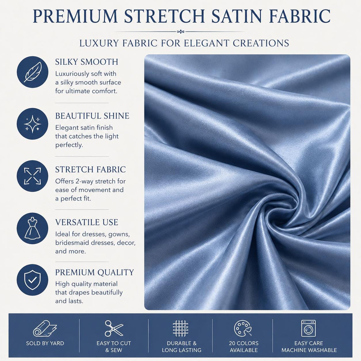 Dusty Blue Stretch Satin Fabric by the Yard, Luxury Satin for Prom Dresses, Evening Gowns and Formal Wear Sewing