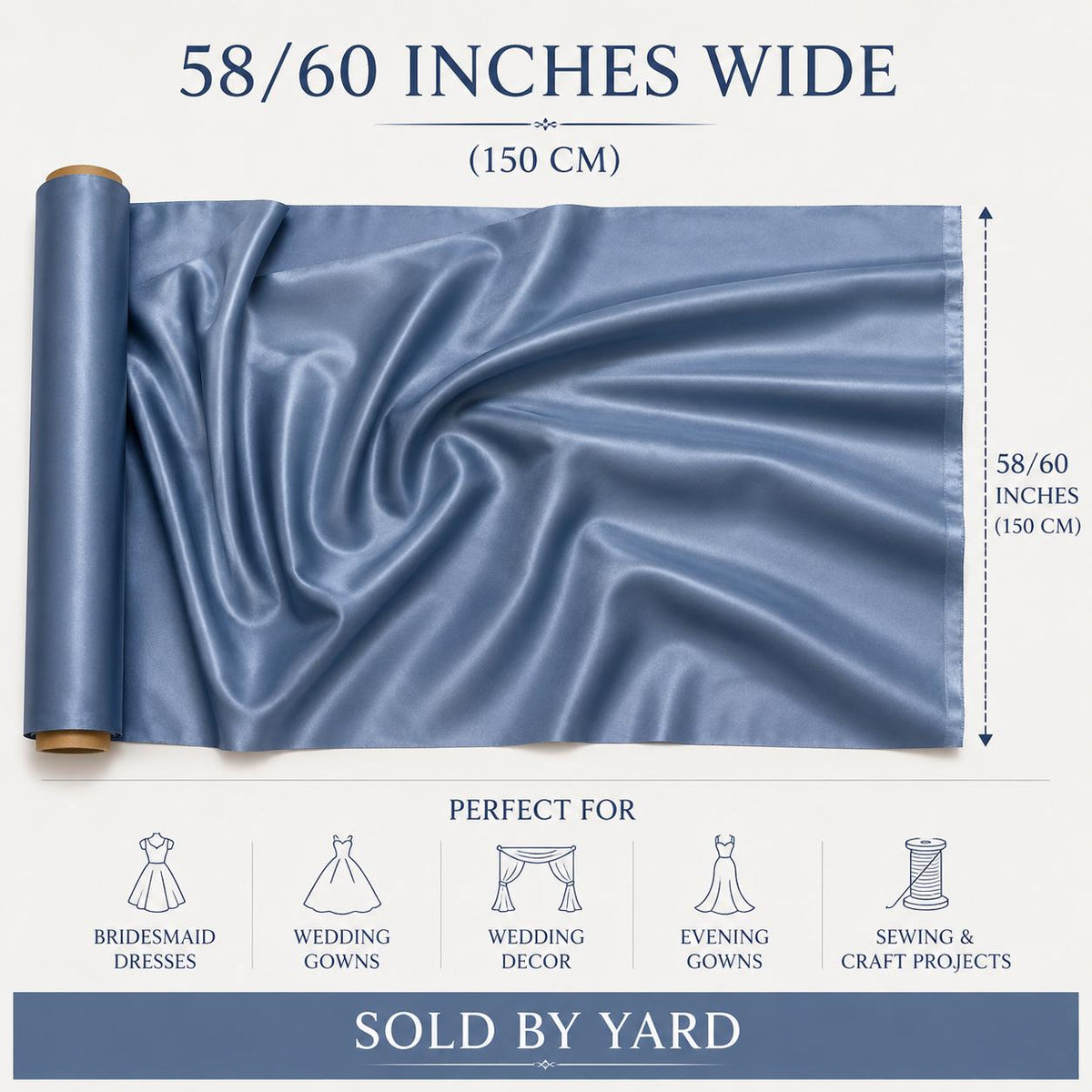 Dusty Blue Stretch Satin Fabric by the Yard, Luxury Satin for Prom Dresses, Evening Gowns and Formal Wear Sewing