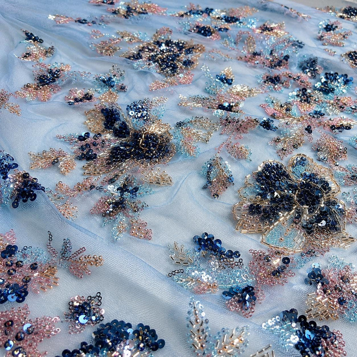 Blue Blush Gold Beaded Lace Fabric, Luxury Embroidered Sequin Tulle, Heavy Beaded Floral Lace by the Yard, Bridal Evening Dress Fabric