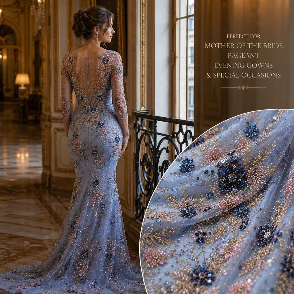 Blue Blush Gold Beaded Lace Fabric, Luxury Embroidered Sequin Tulle, Heavy Beaded Floral Lace by the Yard, Bridal Evening Dress Fabric