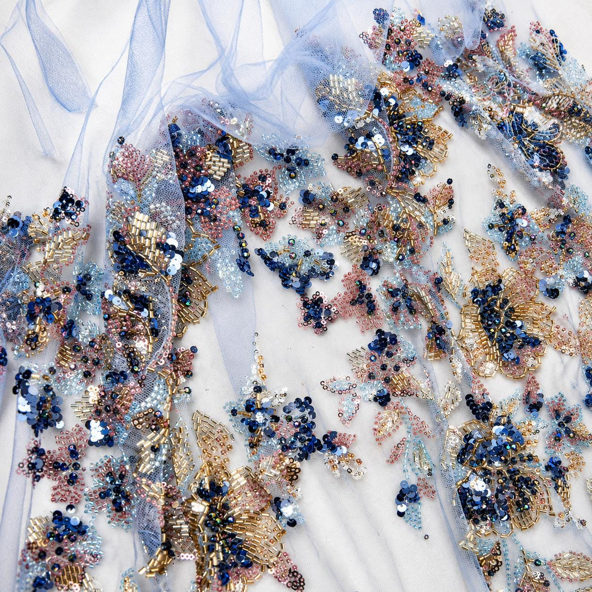 Blue Blush Gold Beaded Lace Fabric, Luxury Embroidered Sequin Tulle, Heavy Beaded Floral Lace by the Yard, Bridal Evening Dress Fabric