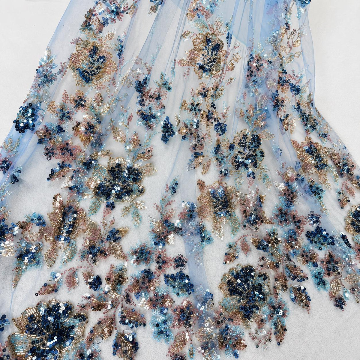 Blue Blush Gold Beaded Lace Fabric, Luxury Embroidered Sequin Tulle, Heavy Beaded Floral Lace by the Yard, Bridal Evening Dress Fabric