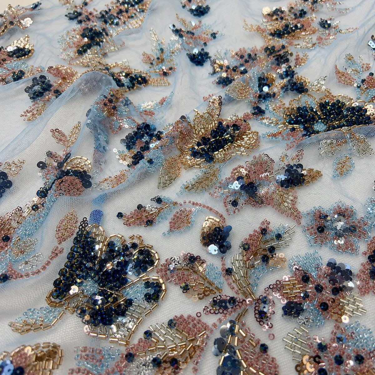 Blue Blush Gold Beaded Lace Fabric, Luxury Embroidered Sequin Tulle, Heavy Beaded Floral Lace by the Yard, Bridal Evening Dress Fabric