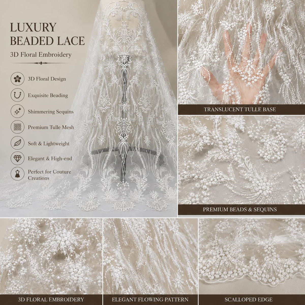 Pearl Embroidered Tulle Lace Fabric by the Yard, Bridal Veil Fabric, Luxury Lace for Veils, Headpiece, Wedding Accessories & Couture Sewing
