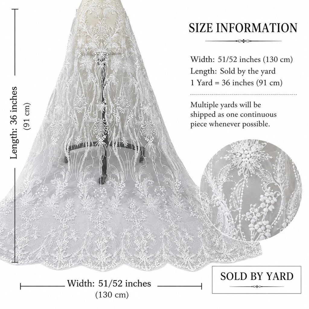 Pearl Embroidered Tulle Lace Fabric by the Yard, Bridal Veil Fabric, Luxury Lace for Veils, Headpiece, Wedding Accessories & Couture Sewing