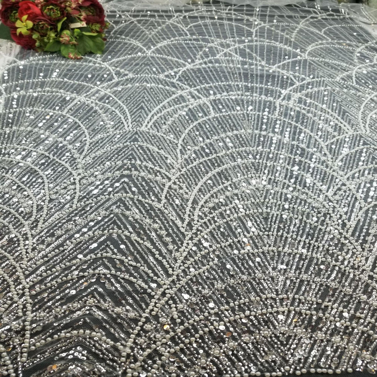 Luxury White Pearl Beaded Lace Fabric By The Yard, Art Deco Bridal Wedding Dress Fabric, Couture Sequin Embroidered Tulle Luxury Bridal Lace