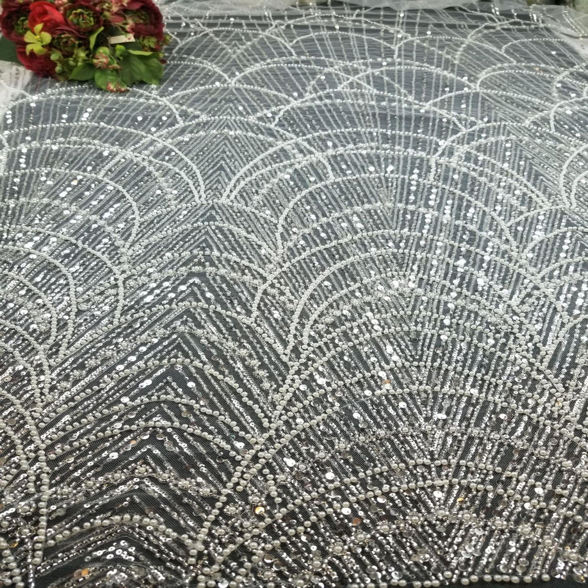 Luxury White Pearl Beaded Lace Fabric By The Yard, Art Deco Bridal Wedding Dress Fabric, Couture Sequin Embroidered Tulle Luxury Bridal Lace