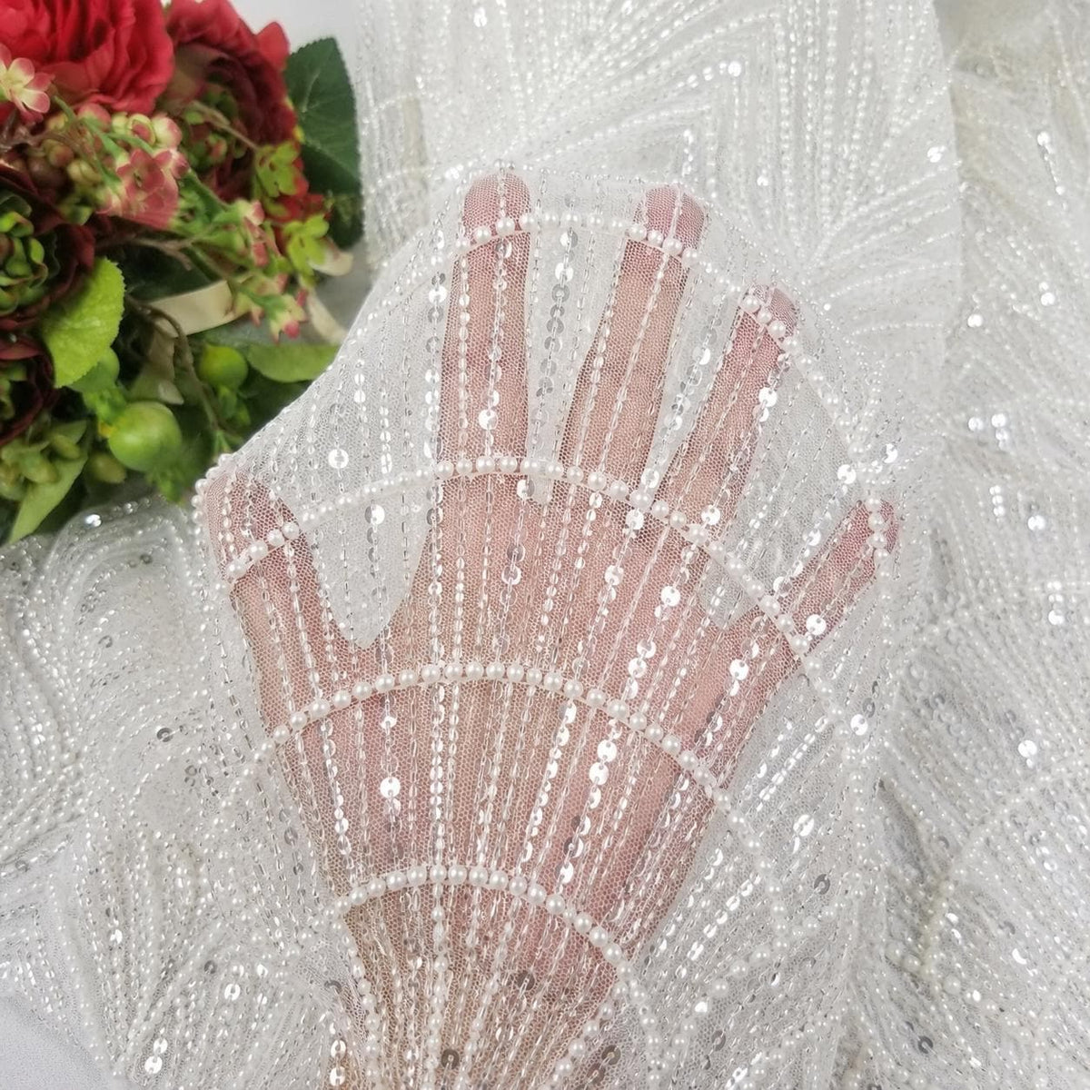 Luxury White Pearl Beaded Lace Fabric By The Yard, Art Deco Bridal Wedding Dress Fabric, Couture Sequin Embroidered Tulle Luxury Bridal Lace