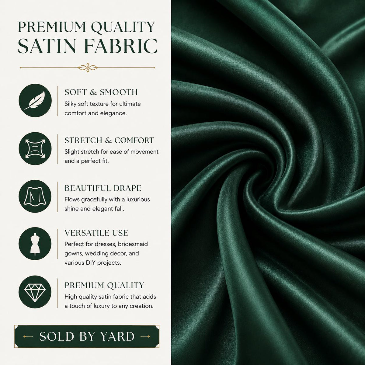 Hunter Green Stretch Satin Fabric by the Yard, Luxury Satin for Forest Wedding Bridesmaid Dresses, Bridal Gowns and Formal Sewing
