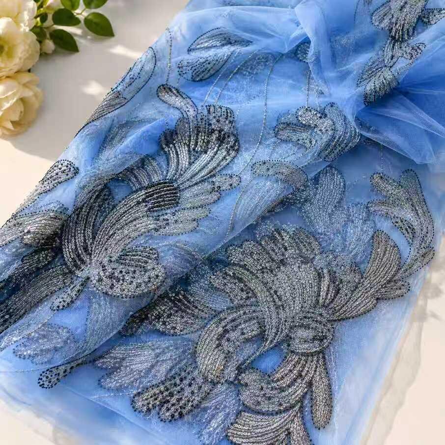 Designer Beaded Embroidery Fabric, Luxury Couture Tulle Lace by the Yard, High Fashion Mesh for Custom Gowns & Runway Dresses