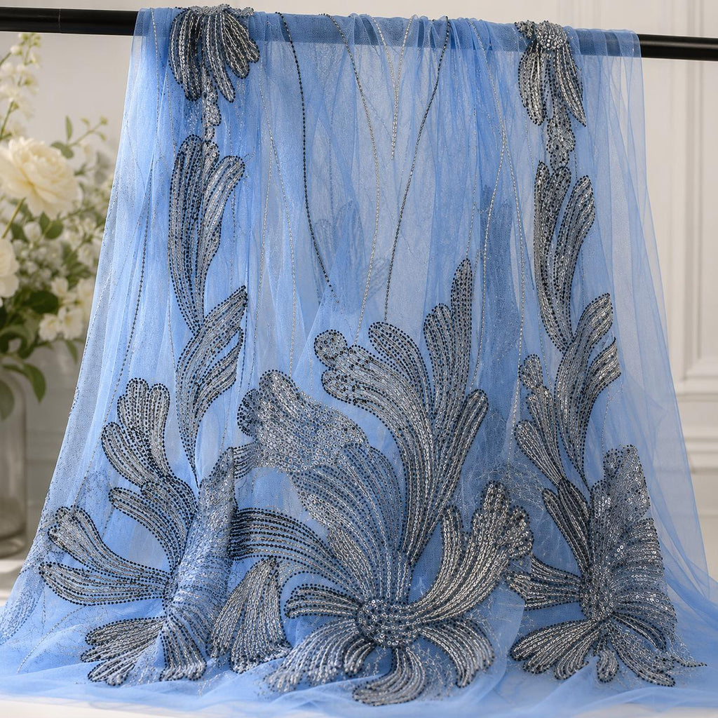 Designer Beaded Embroidery Fabric, Luxury Couture Tulle Lace by the Yard, High Fashion Mesh for Custom Gowns & Runway Dresses