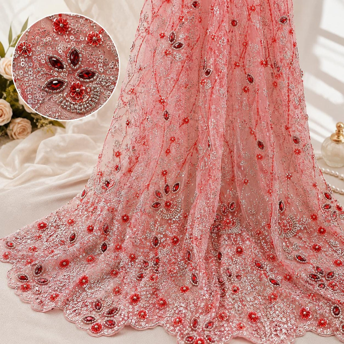 Beaded Lace Fabric by the Yard, Luxury Sequin Embroidery Fabric for Prom Dress, Pageant Gown, Evening Dress, Formal Wear Material