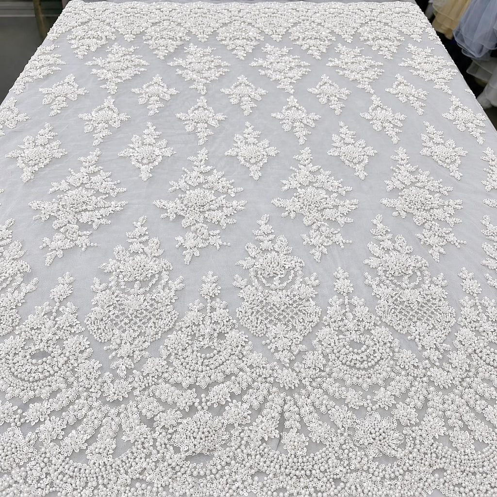 Luxury Beaded Bridal Lace Fabric by the Yard, Pearl Sequin Embroidery Tulle, Couture Wedding Dress Fabric, Luxury Wedding Gown Lace