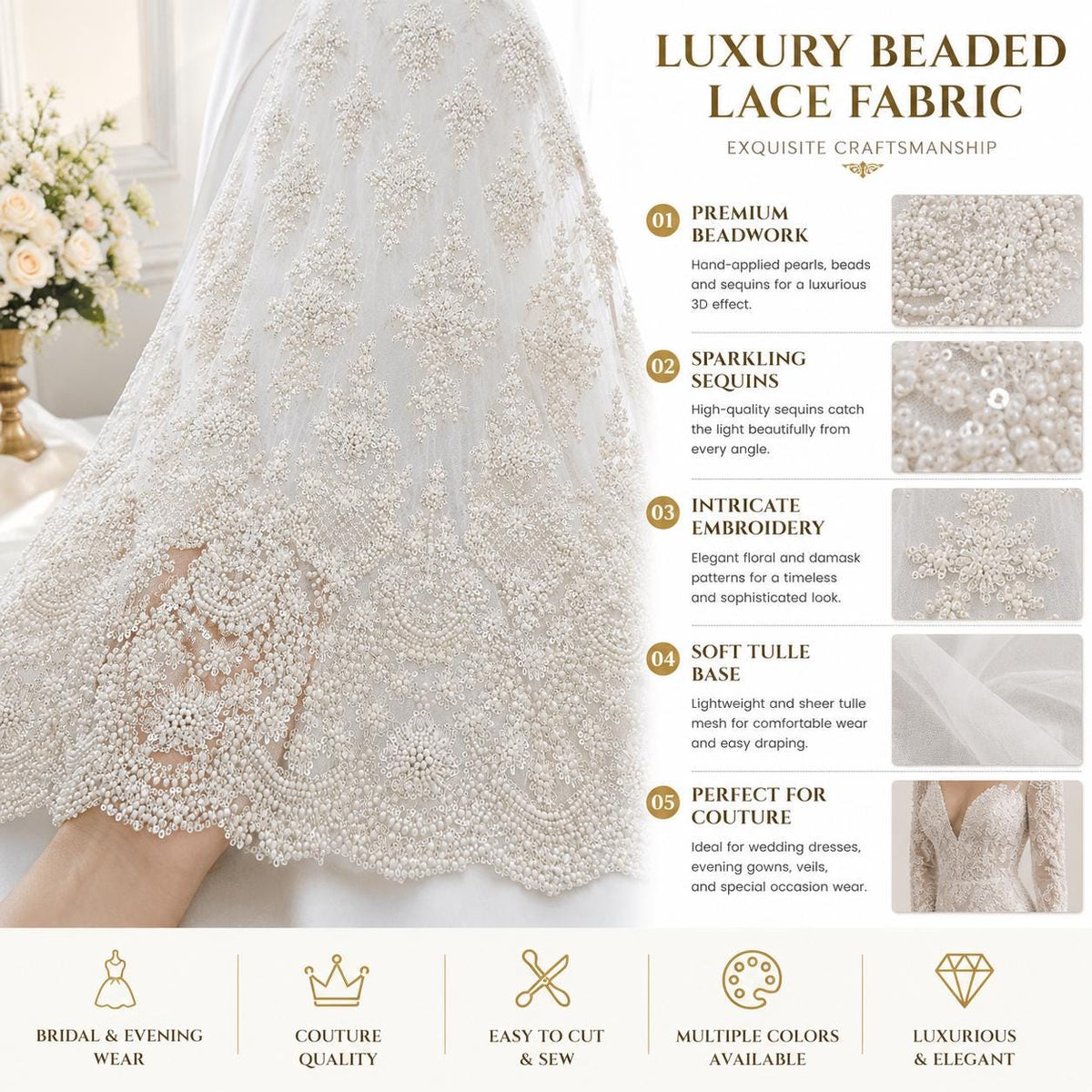 Luxury Beaded Bridal Lace Fabric by the Yard, Pearl Sequin Embroidery Tulle, Couture Wedding Dress Fabric, Luxury Wedding Gown Lace