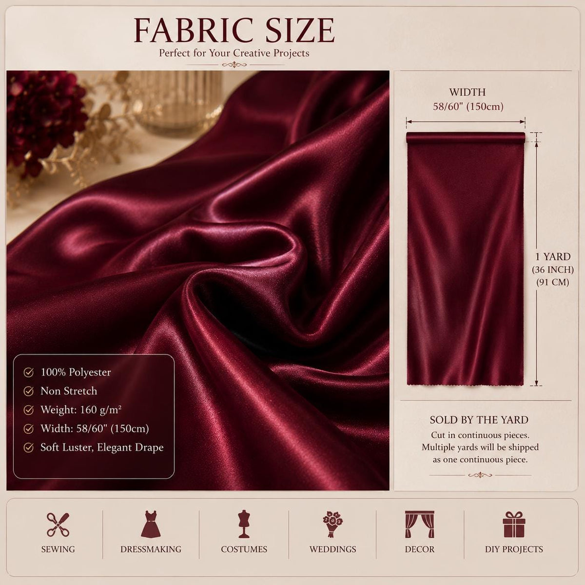 Luxury Burgundy Silky Satin Fabric by the Yard, Premium Polyester Satin for Couture Dresses, Designer Fashion, Runway & Custom Sewing